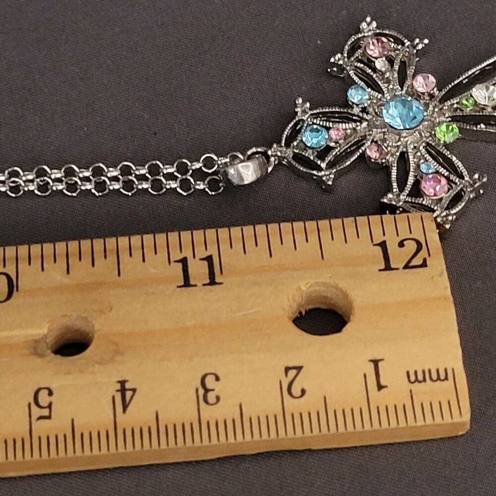 Silver Tone Round Link Chain Cross Pendant Rhinestone Fashion Necklace 22 in - Picture 7 of 9